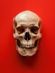 Fototapeta premium Human skull on red background. Human remains.