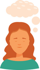 Contemplative female thinking with thought bubbles above her head, symbolizing ideas, dreams, or imagination