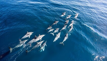 Aerial view of flock of dolphins 