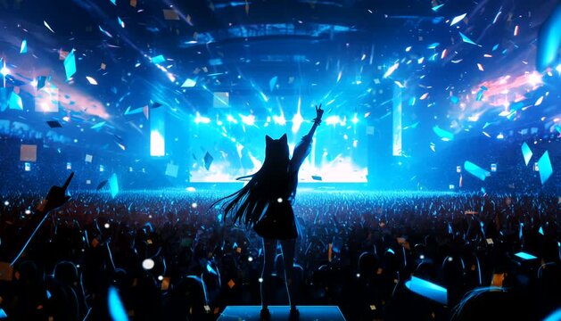 Animated concert scene with silhouette of performer and blue lights in front of large audience. Seamless looping 4k time-lapse animation video background