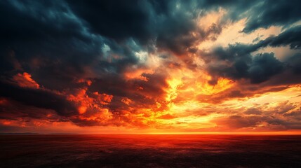 Fototapeta premium Dramatic fiery sunset over ocean with stormy clouds