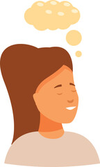 Young woman is smiling and having positive thoughts, represented by a speech bubble above her head