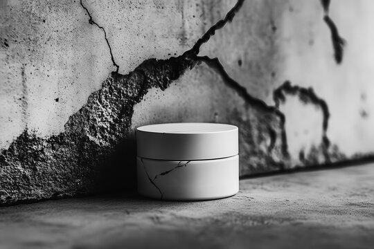 Pot de cr&egrave;me de soin devant un mur craquel&eacute; et fissur&eacute;