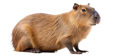 A capybara isolated on a white background, showcasing its distinctive large, round body, short legs, and expressive eyes. Perfect for educational and animal-themed content