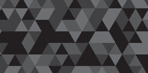 Abstract geometric black and gray background seamless mosaic and low polygon triangle texture wallpaper. Triangle shape retro wall grid pattern geometric ornament tile vector square element background