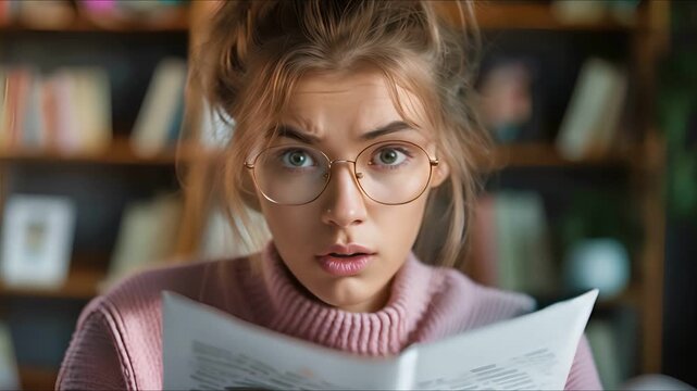 A young woman with glasses stares in shock at a document, her expression full of surprise and disbelief.