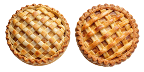 Two classic apple pies with lattice crusts, isolated on a white background. One pie has a slightly darker crust, showcasing homemade pastry perfection. Perfect for baking and dessert-themed content