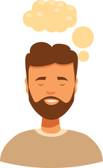Young bearded man is smiling and daydreaming with thought bubbles above his head