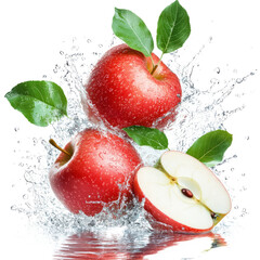 Three red apples splashing in water, with one apple sliced in half showing its white interior and seed. Fresh and vibrant, with green leaves attached.