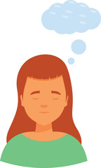 Cartoon illustration featuring a young woman with closed eyes, deep in thought, visualized by a thought bubble above her head