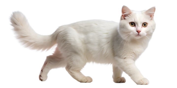 A pristine white cat walking confidently, isolated on a white background. Its bright eyes and fluffy tail add to its charming appearance