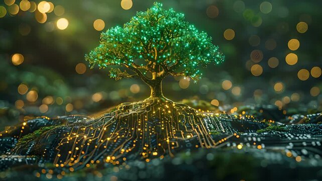 A glowing tree with roots spreading through a network of wires, representing the connection between nature and technology.