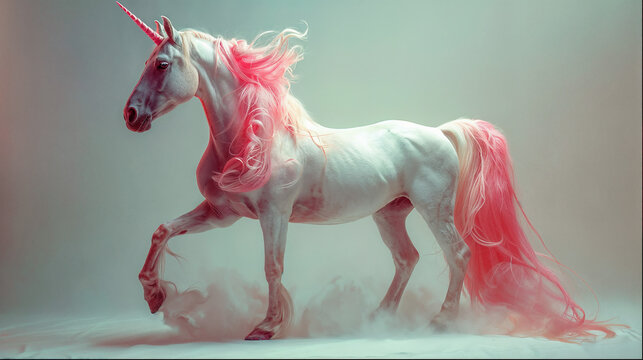 Majestic Pink-Haired Unicorn Running Through Mist | Fantasy Creature Photography