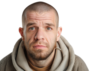 Portrait of a man with a complex, layered expression, portraying the multifaceted nature of mental illness, on white