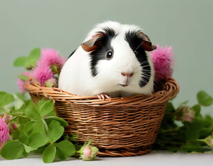 Guinea pig in a basket with flowers. cute pet.