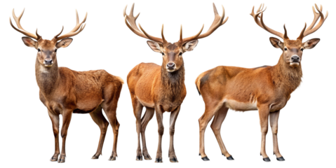 A collection of red deer images showing different poses: a majestic portrait, a group standing, and side views, highlighting their impressive antlers and elegant form