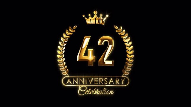 42nd Anniversary Celebration. Happy 42 Years Anniversary Animation in Gold Color on the Transparent Background, Alpha Channel. Great for greetings, celebrations, events, and gifts.