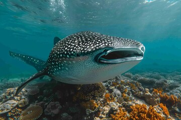 Fototapeta premium A massive filter-feeding shark glides through shallow waters, reaching lengths exceeding 15 meters and inhabiting oceans globally.