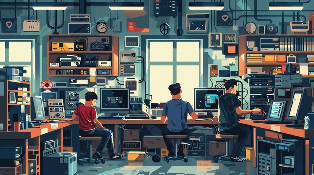 Cartoon Vector of a busy electronics repair shop, with multiple technicians working on different devices and tools scattered around