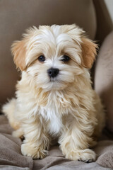 A small white and brown puppy sitting on a couch