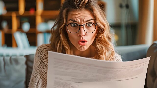 A young woman with glasses stares in shock at a document, her expression full of surprise and disbelief.
