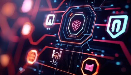 Futuristic holographic control panel with cyber defense icons and neon lines, Cyber Defense, Futuristic