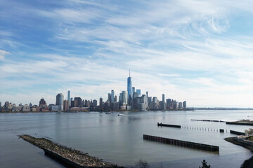 Naklejka premium New York skyline. Manhattan view from New Jersey, New York skyscraper. Aerial view of Big Apple. New York panorama from Hudson. Cityscape landmark. Lower Manhattan NY.