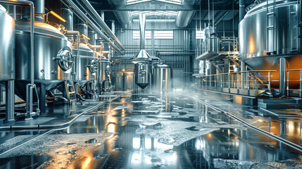 Fototapeta premium Advanced equipment and stainless steel tanks create an impressive atmosphere in this modern brewing facility, reflecting the artistry of beer production