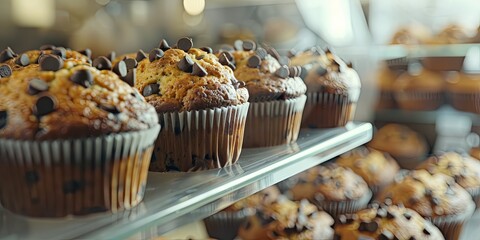 Freshly baked chocolate chip muffins displayed in a bakery case.