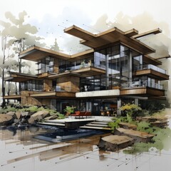 Fototapeta premium Vintage Architectural Sketch of a Modern Alaskan Cabin