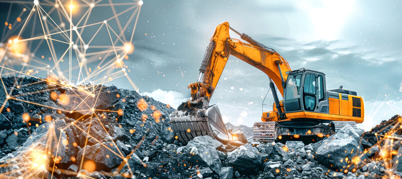 A yellow excavator digs into a pile of rocks, a futuristic overlay of data visualizations adds a modern twist