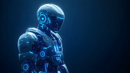 Sleek Metallic Robotic Humanoid Exoskeleton with Glowing Blue Circuitry in Dramatic Setting