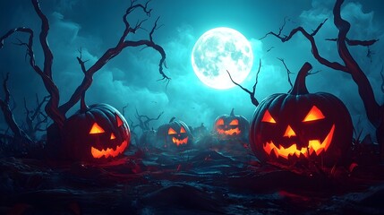 Naklejka premium Spooky Halloween Pumpkins and Twisted Trees Under a Full Moon in the Misty Night Sky