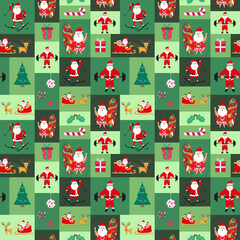 seamless vector pattern featuring festive Christmas elements, perfect for holiday textiles and designs. Includes cute cartoon Santa Claus, gifts, trees, reindeer, and sleigh in a colorful and joyful