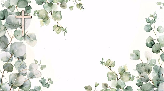 Invitation to a religious celebration with a botanical greenery and cross design for the baptism or christening of a child.