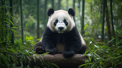 Fototapeta premium Adorable panda sitting on a bamboo log in a serene forest setting with plenty of copy space for text. The panda is surrounded by lush green foliage and tall bamboo stalks, creating a peaceful