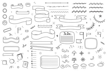 Hand drawn doodle dividers, ribbons, icons, frames set. Vector illustration in doodle style. 