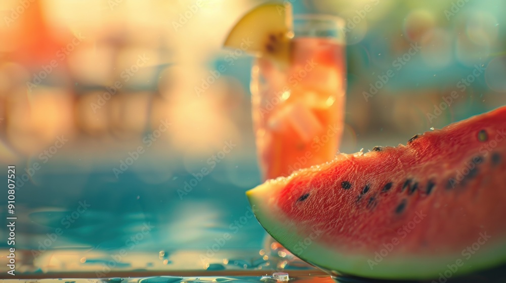 Poster watermelon slice and a glass of iced drink on a poolside table.