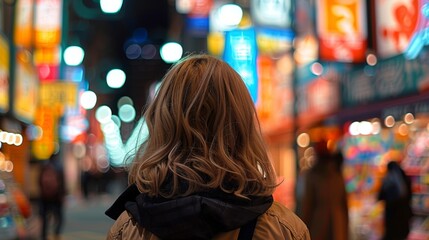 Fototapeta premium beautiful Woman Walking Down the Street, back view or rear view, walking in the street at night. young woman stands alone. Generative ai