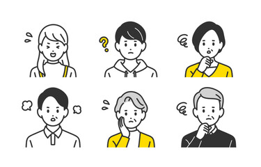 ネガティブな高校生･中年･シニアの上半身セット【人物ベクターイラスト素材】