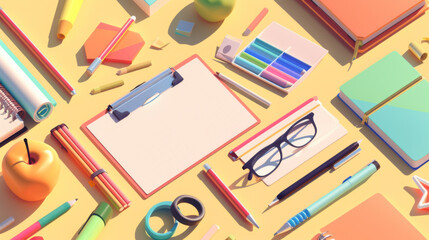 A blue background with a variety of school supplies including pens, pencils