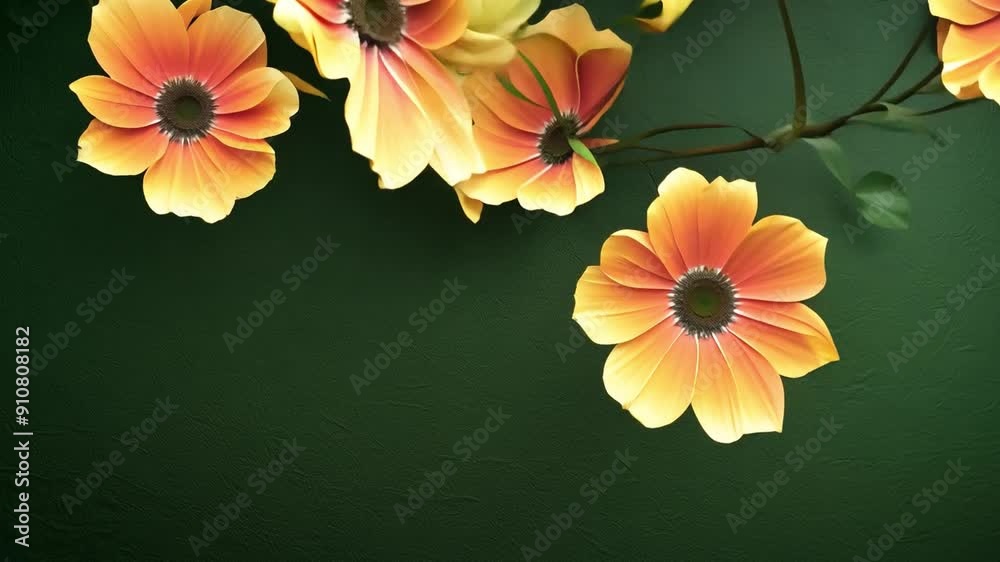 Poster this textured green wall displays subtle variations in hue and depth. flowers swirl and fall on a gr