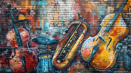 Colorful Graffiti Mural with Musical Instruments