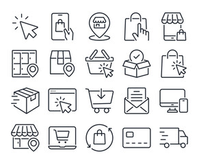 Fototapeta premium Click and collect online shopping editable stroke outline icons set isolated on white background flat vector illustration. Pixel perfect. 64 x 64 