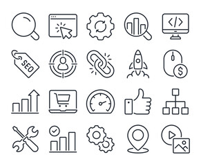 SEO Search Engine Optimization editable stroke outline icons set isolated on white background flat vector illustration. Pixel perfect. 64 x 64