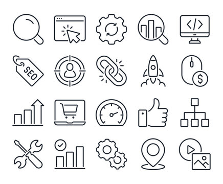 SEO Search Engine Optimization editable stroke outline icons set isolated on white background flat vector illustration. Pixel perfect. 64 x 64