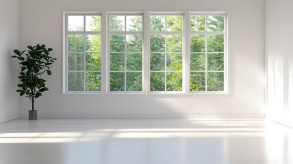 Fototapeta premium Minimalist interior with morning light streaming through large windows, creating a serene environment