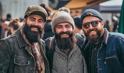 Fototapeta premium Three Bearded Men Smiling Together in the City