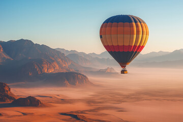 Obraz premium Soaring High: A Vibrant Hot Air Balloon over a Hazy Desert Landscape