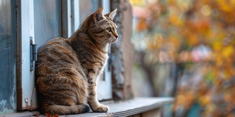 Obraz premium A stray feline perches on the ledge of a window outdoors.